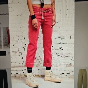 R13: NEW Vivid Pink Stretch Boy Straight Cropped Jeans